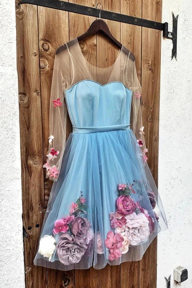 Unique Long Sleeve Blue Short Prom Dresses With 3D Appliques Homecoming Dresses  nv538