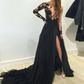 A-line Long Sleeves V-neck Split Floor-length Lace Appliques Prom Dresses nv485