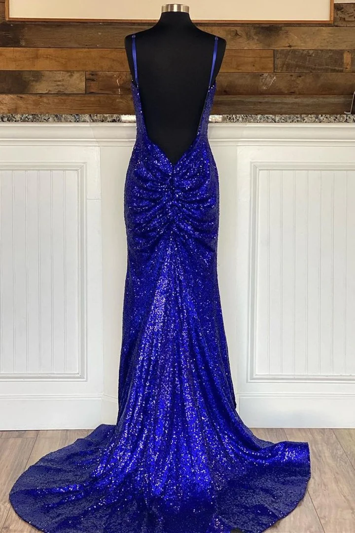 Glitter Royal Blue Sequin Backless Mermaid Long Prom Dress nv335