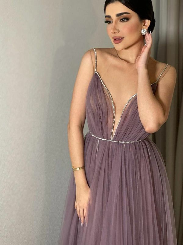 Sexy Elegant Dusty Purple V-neck Illusion A-line Long Prom Dress nv275