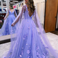 Sparkly A Line V Neck Lavender Tulle Long Prom Dresses with Appliques nv426