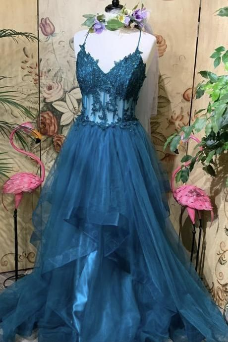 Blue Lace Long A Line Prom Dress Blue Evening Dress nv821