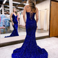 Cute Mermaid V Neck Royal Blue Sequins Prom Dresses nv462