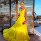 Charming A Line V Neck Yellow Chiffon Evening Dresses nv975