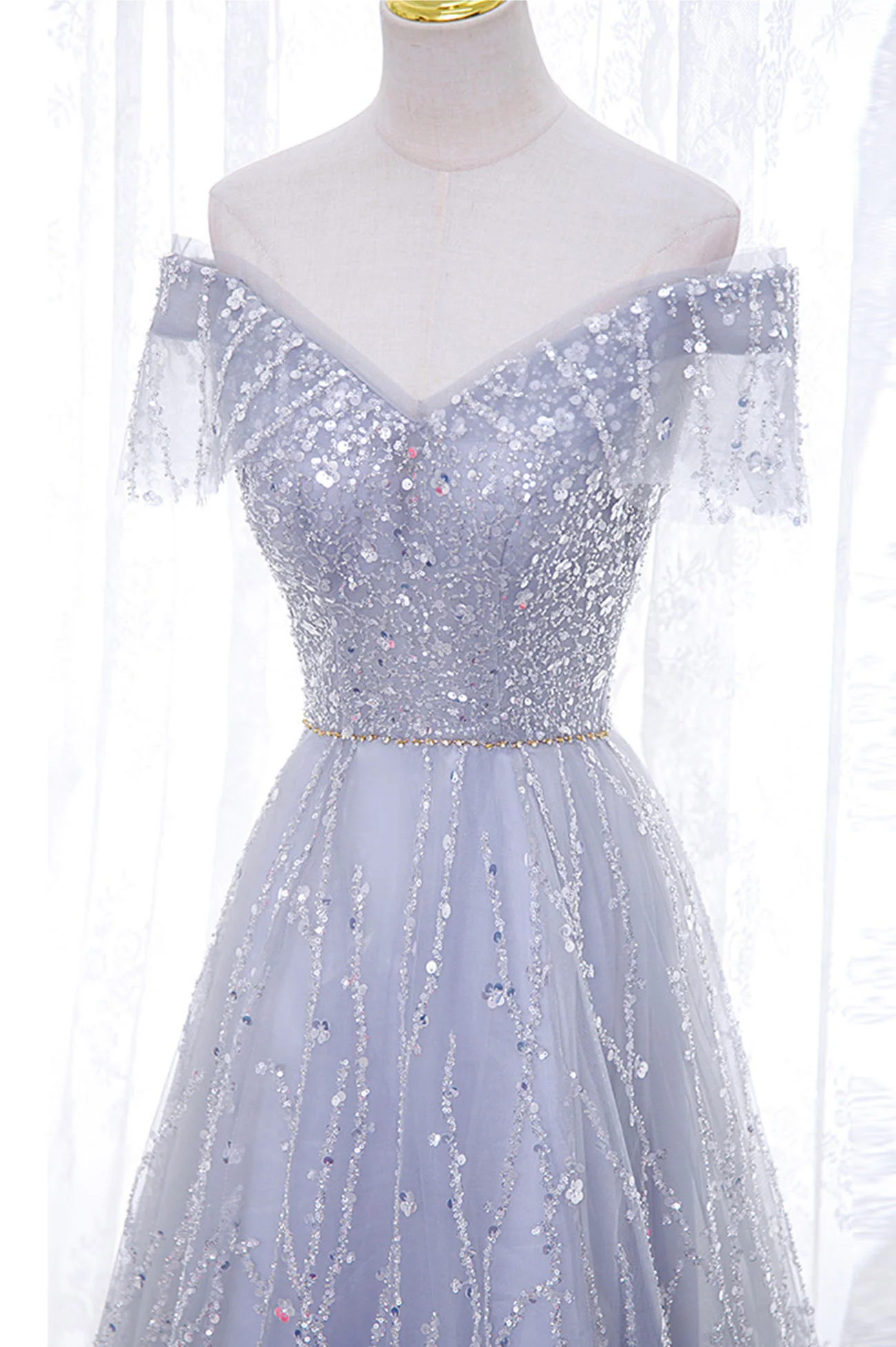 A-Line Tulle Sequins Long Prom Dress, Off the Shoulder Evening Party Dressnv817