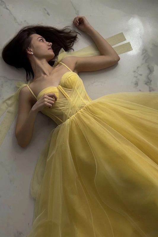Elegant Sweetheart Neck Yellow Tulle Long Prom Dresses, Yellow Tulle Formal Graduation Evening Dresses nv554