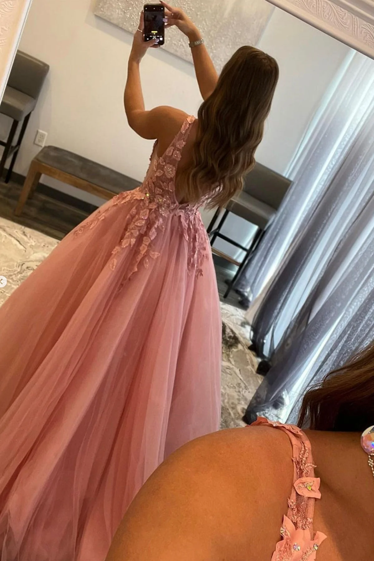 V Neck Open Back Beaded Pink Lace Long Prom Dresses, Pink Tulle Formal Dresses with Lace Appliques, Pink Lace Evening Dresses  nv186