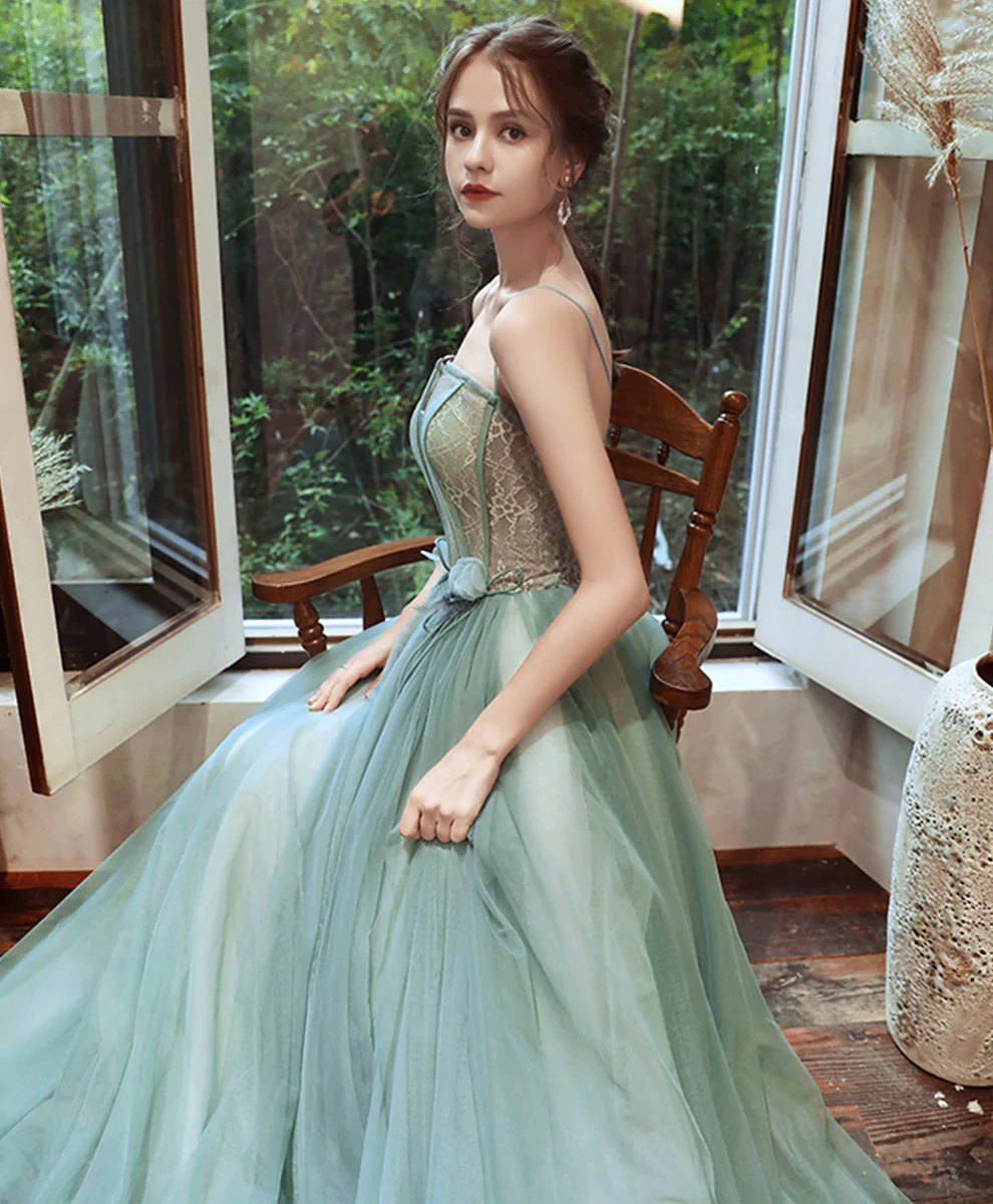Green Tulle Lace Long Prom Dress Green Lace Tulle Formal Dress nv543