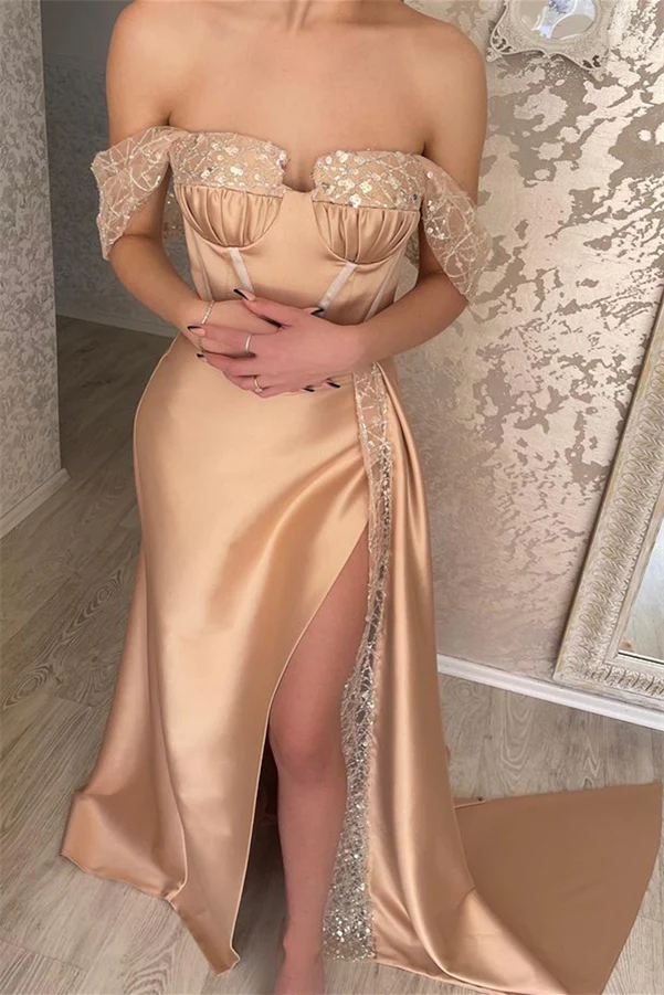 Glamorous Off-the-shoulder Sequined Sleeveless Mermaid Prom Dress With Slit nv369