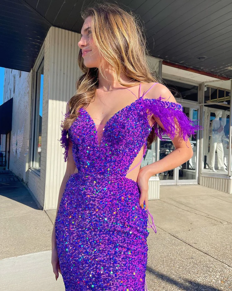 Charming Mermaid Purple Sequins Long Prom Dresses with Feather nv466