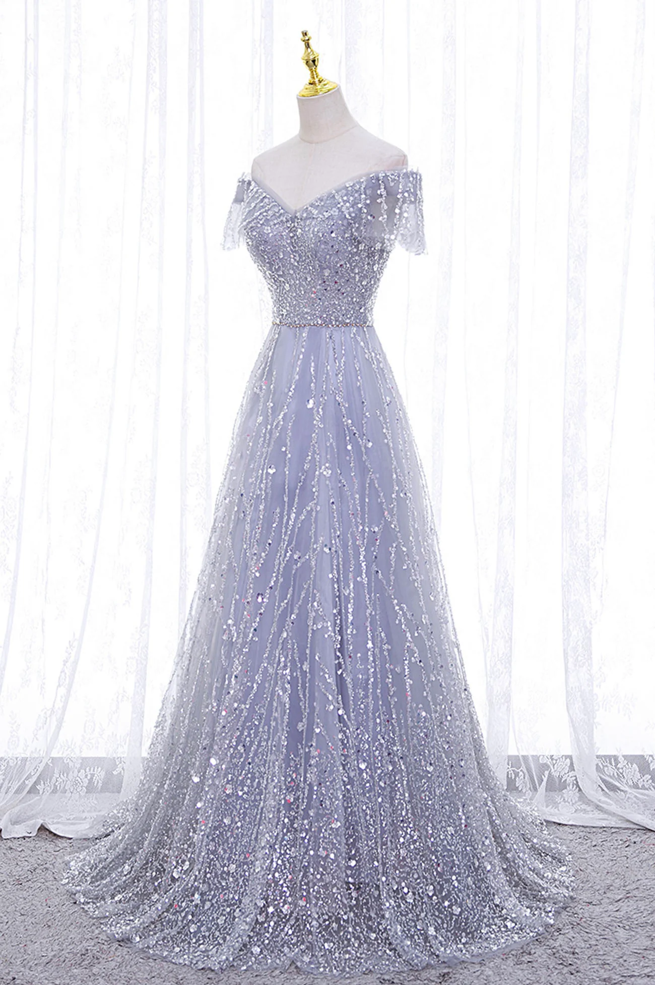 A-Line Tulle Sequins Long Prom Dress, Off the Shoulder Evening Party Dressnv817