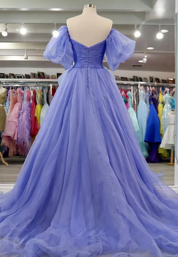 Off-Shoulder Puff Sleeves Pleated Long Prom Dress nv1026