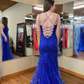 Mermaid Backless Blue Lace Long Prom Dresses, Mermaid Blue Formal Dresses, Blue Lace Evening Dresses nv1042