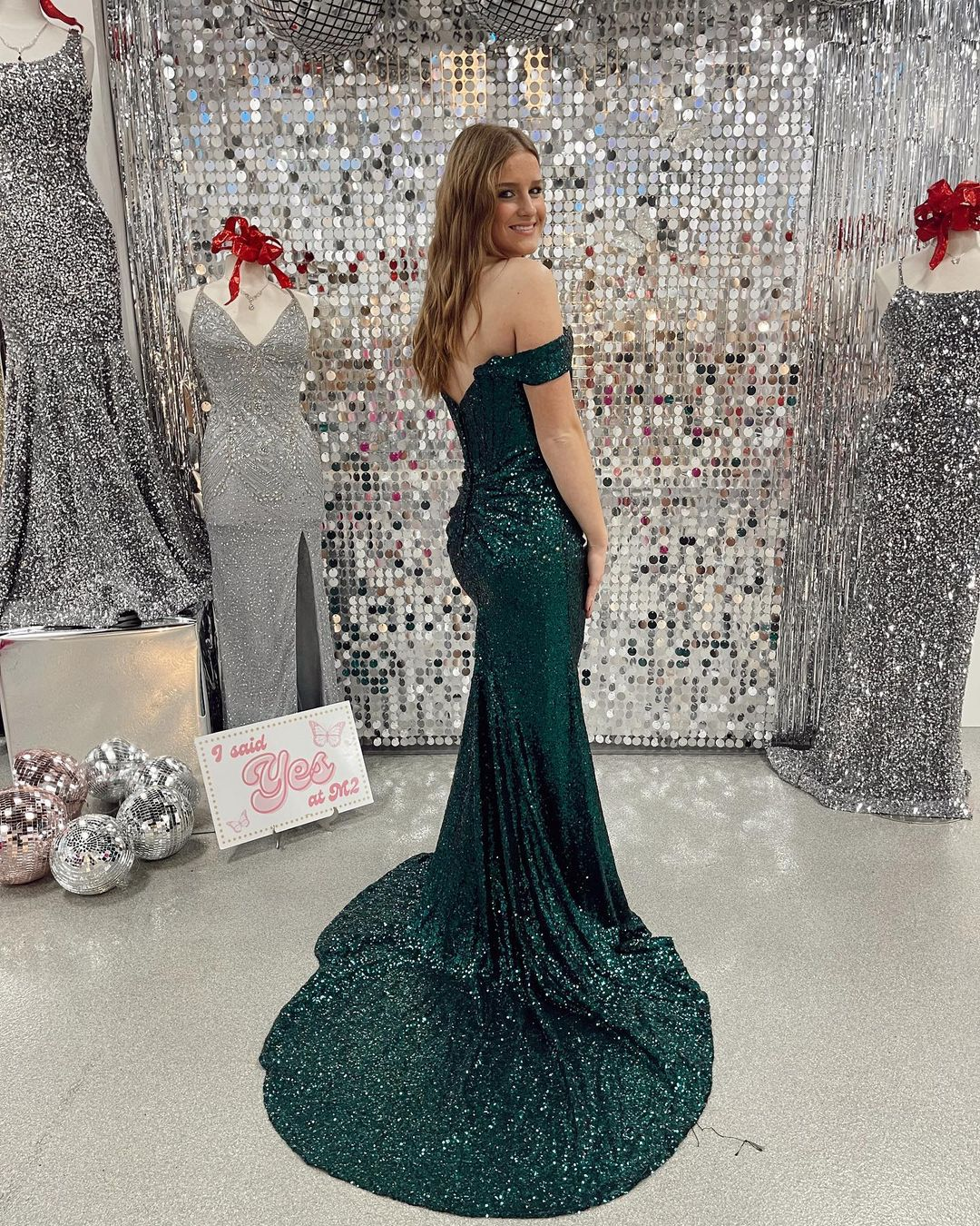 Cute Mermaid Off the Shoulder Dark Green Sequins Prom Dresses with Slit nv823