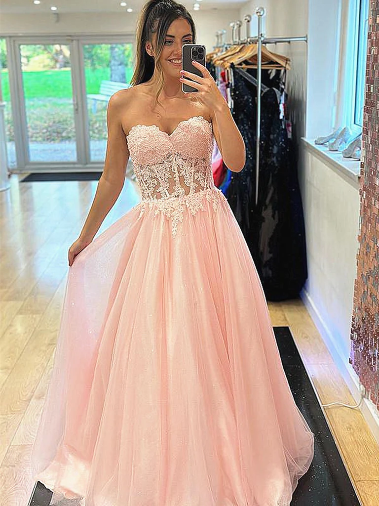 Strapless Pink Green Lace Long Prom Dresses, Strapless Green Pink Lace Formal Evening Dresses nv1048