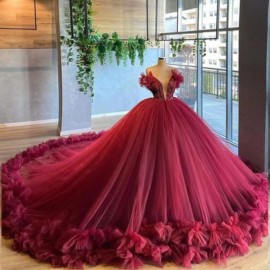 Puffy Burgundy Sweetheart Quinceanera Dresses Ruffles Tule Sweet 16 Dress Prom Dress nv105