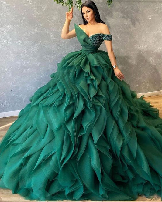 Ruffle Teal Green V-Neck Beading Bodice Ball Gown Evening Prom Dress nv112