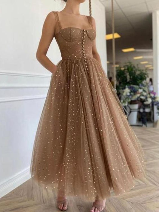 Beautiful A-Line Sweetheart Brown Tulle Ankle Length Prom Evening Dresses with Pockets nv36