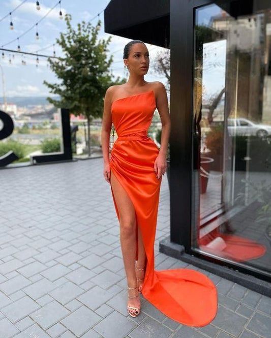 Stain orange long Prom Dresses with slit nv117