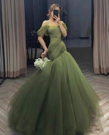 Green beautiful elegant long tulle off-shoulder ball gown evening dress nv73