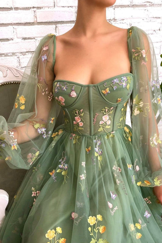 Green elegant applique floral midi tulle ball gown evening dress nv76