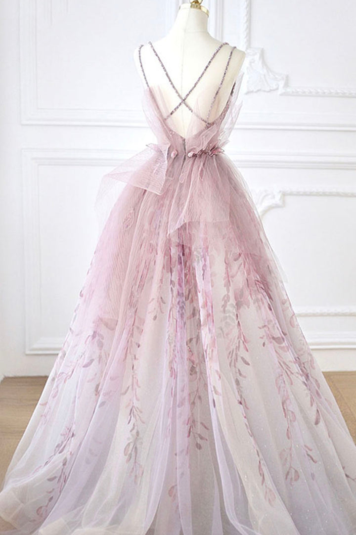Pink tulle beads long prom dress pink evening dress nv99